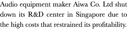 Audio equipment maker Aiwa Co  Ltd shut down its R&D center in Singapore due to the high costs that restrained its pr   
