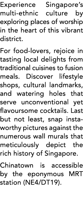 Experience Singapore s multi-ethnic culture by exploring places of worship in the heart of this vibrant district  For   