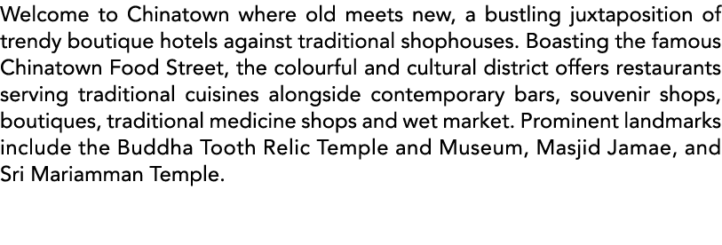 Welcome to Chinatown where old meets new, a bustling juxtaposition of trendy boutique hotels against traditional shop   