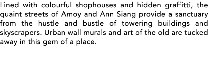 Lined with colourful shophouses and hidden graffitti, the quaint streets of Amoy and Ann Siang provide a sanctuary fr   