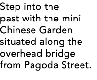 Step into the past with the mini Chinese Garden situated along the overhead bridge from Pagoda Street  