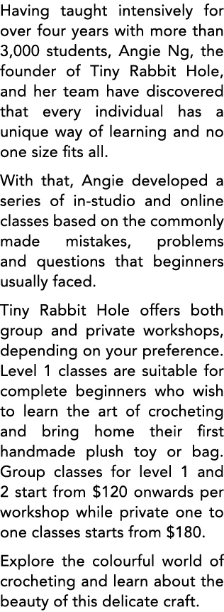 Having taught intensively for over four years with more than 3,000 students, Angie Ng, the founder of Tiny Rabbit Hol   